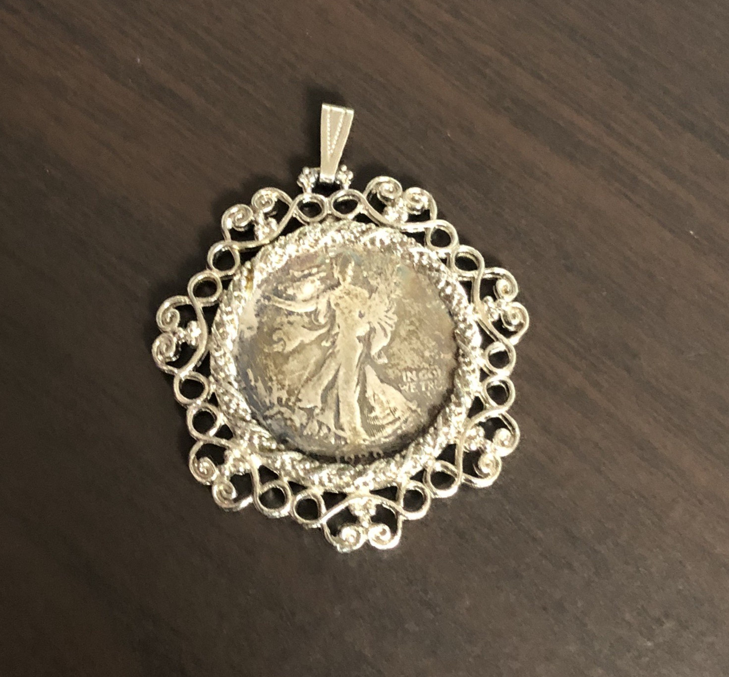 1920 Walking Liberty Half Dollar Coin Filigree Pendant