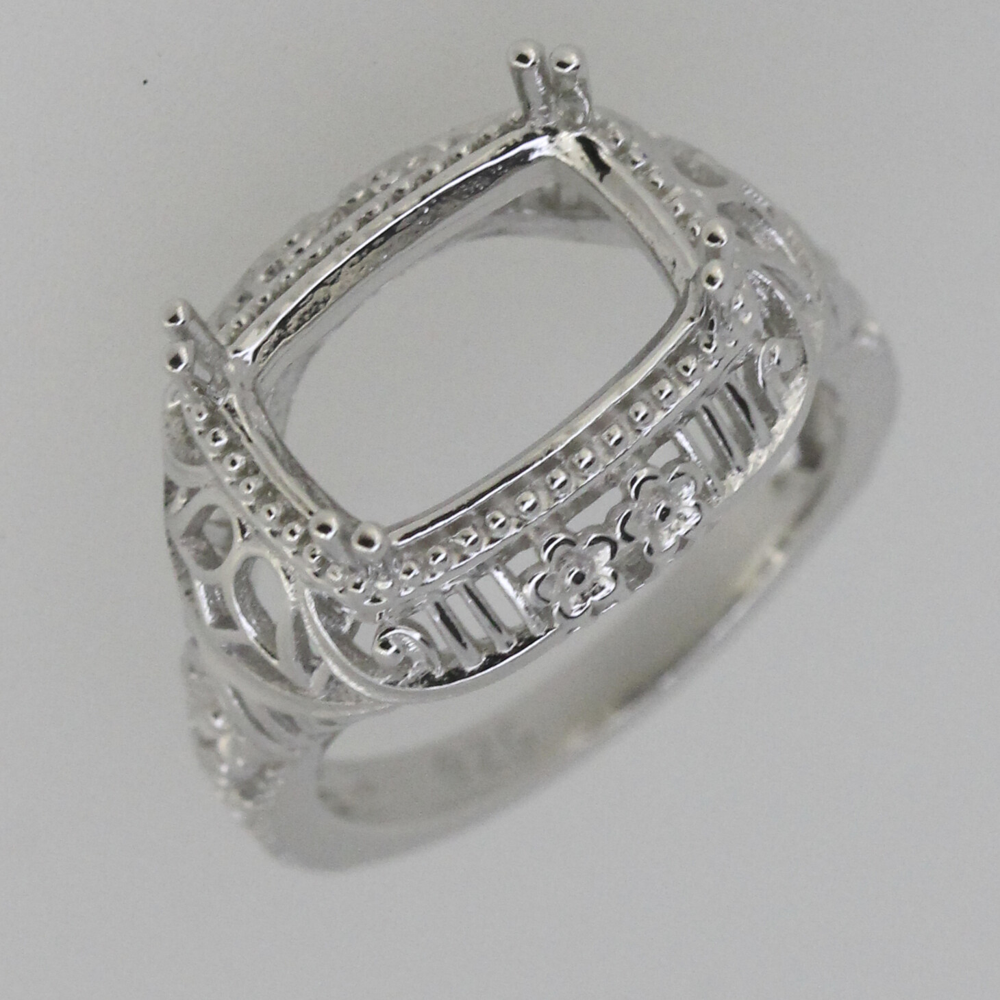 Sterling Silver Semi Mount Ring Setting Cushion CU 12x8mm Filigree