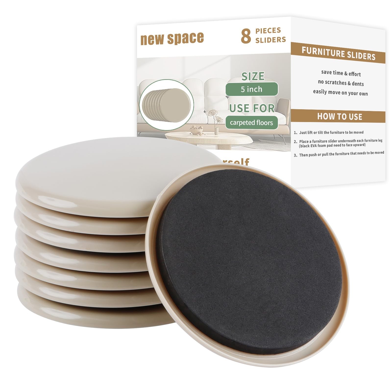 Furniture Sliders for Carpet, 8 Pcs 5" Round Sliders for Moving Furniture, He...