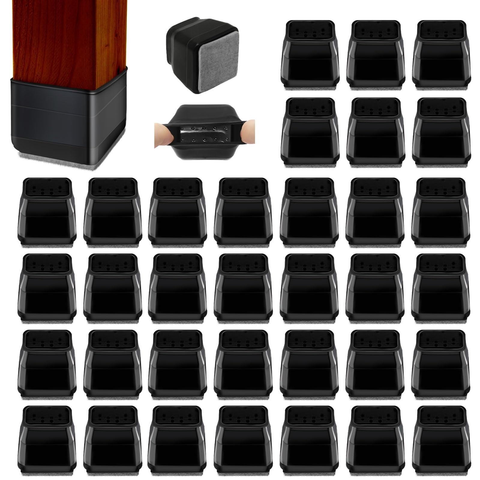 36Pcs Black Square Chair Leg Floor Small(Fit 1"-1.2"), Black-36p