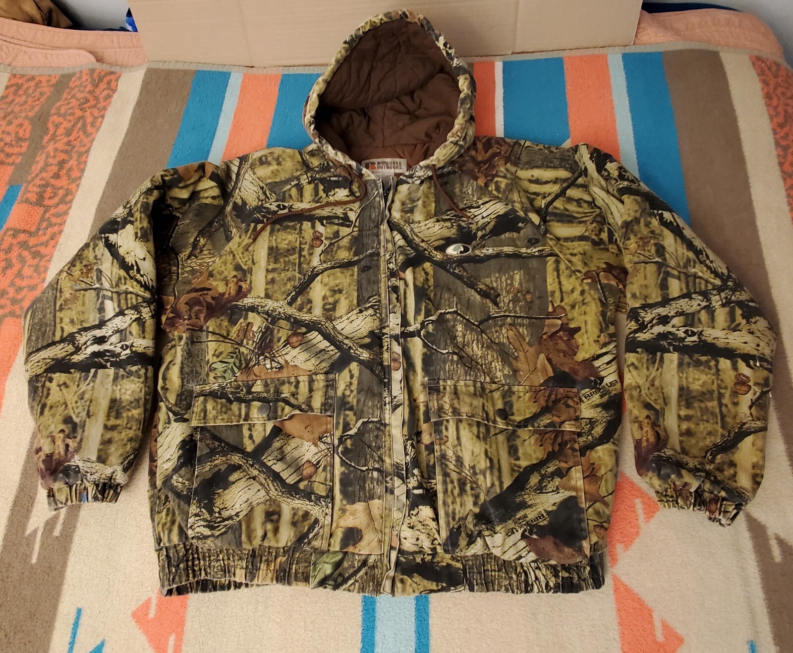 Vtg Mossy Oak Jacket Mens Large Camouflage Breakup Hooded Russell Outdoors READ