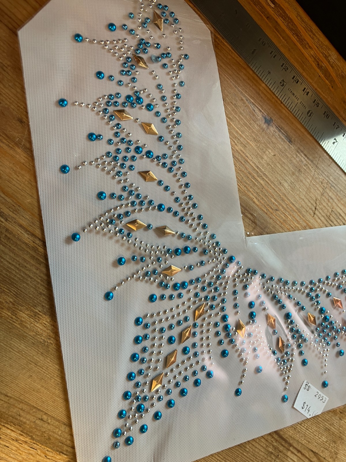 Iron-On Applique Sparkle Gold Teal Neckline Crystal Metal