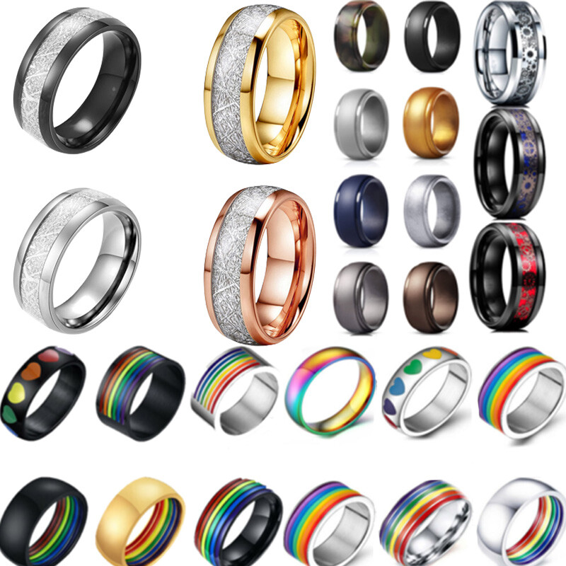 Men Women Ring Stainless Steel Silicone Rainbow Gear Couple Band Comfort Ring