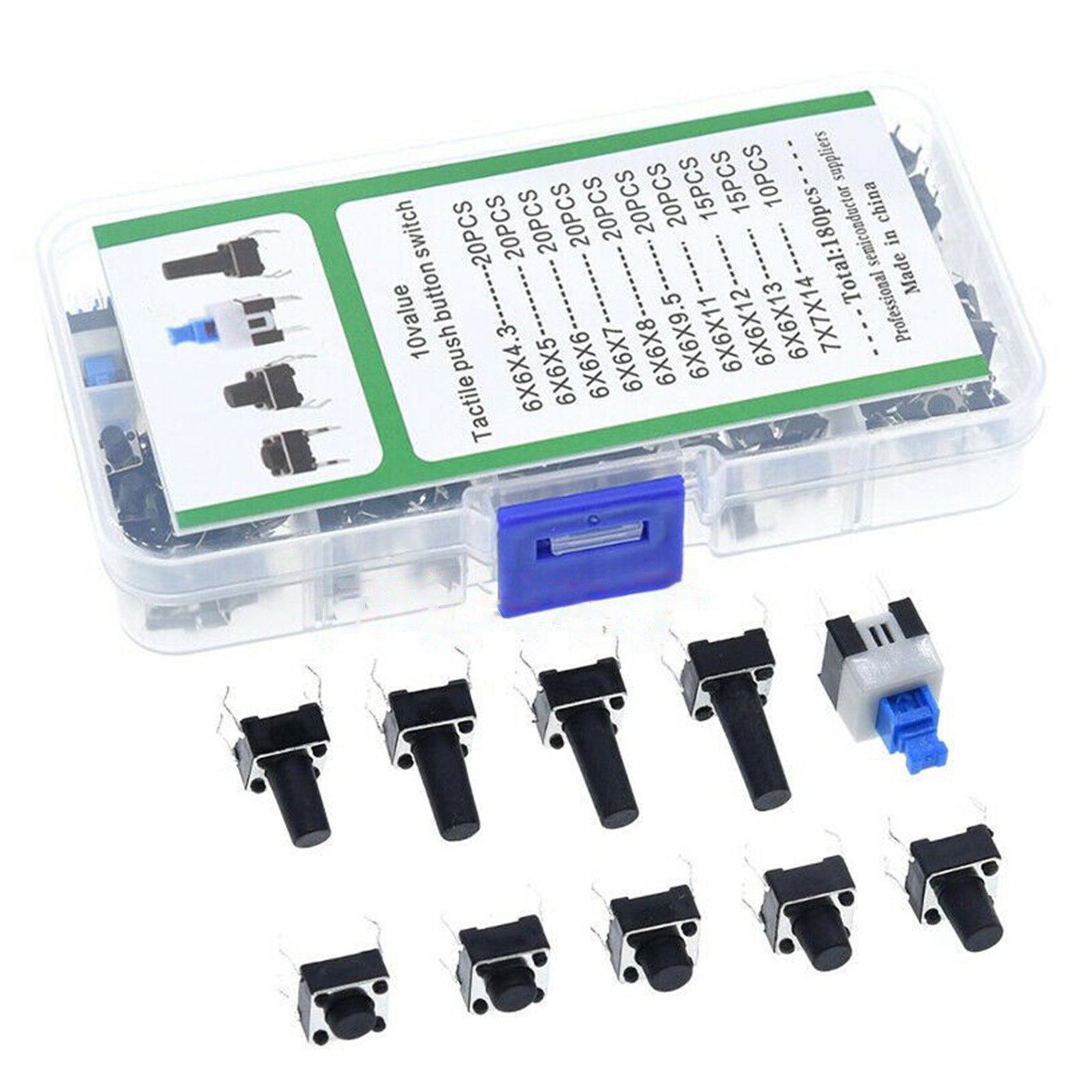 180pcs 10 Type 6X6 Light Touch Switch Set Push Button Switch Assortment Box