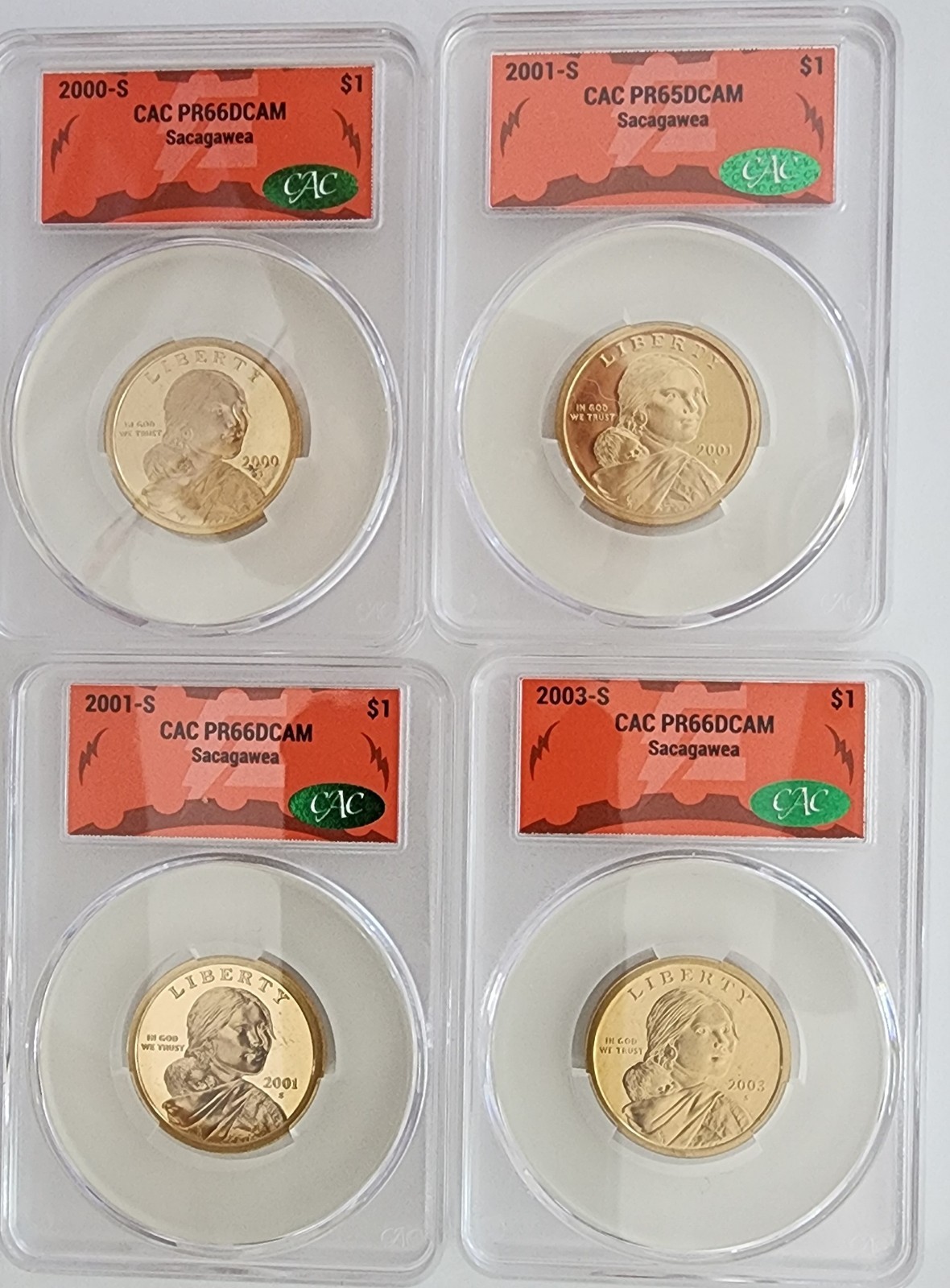 Lot 4 $1 CAC EDC Sacagawea  DCAM 2000S PR66, 2001S PR65 2001S PR66, 2003S PR66