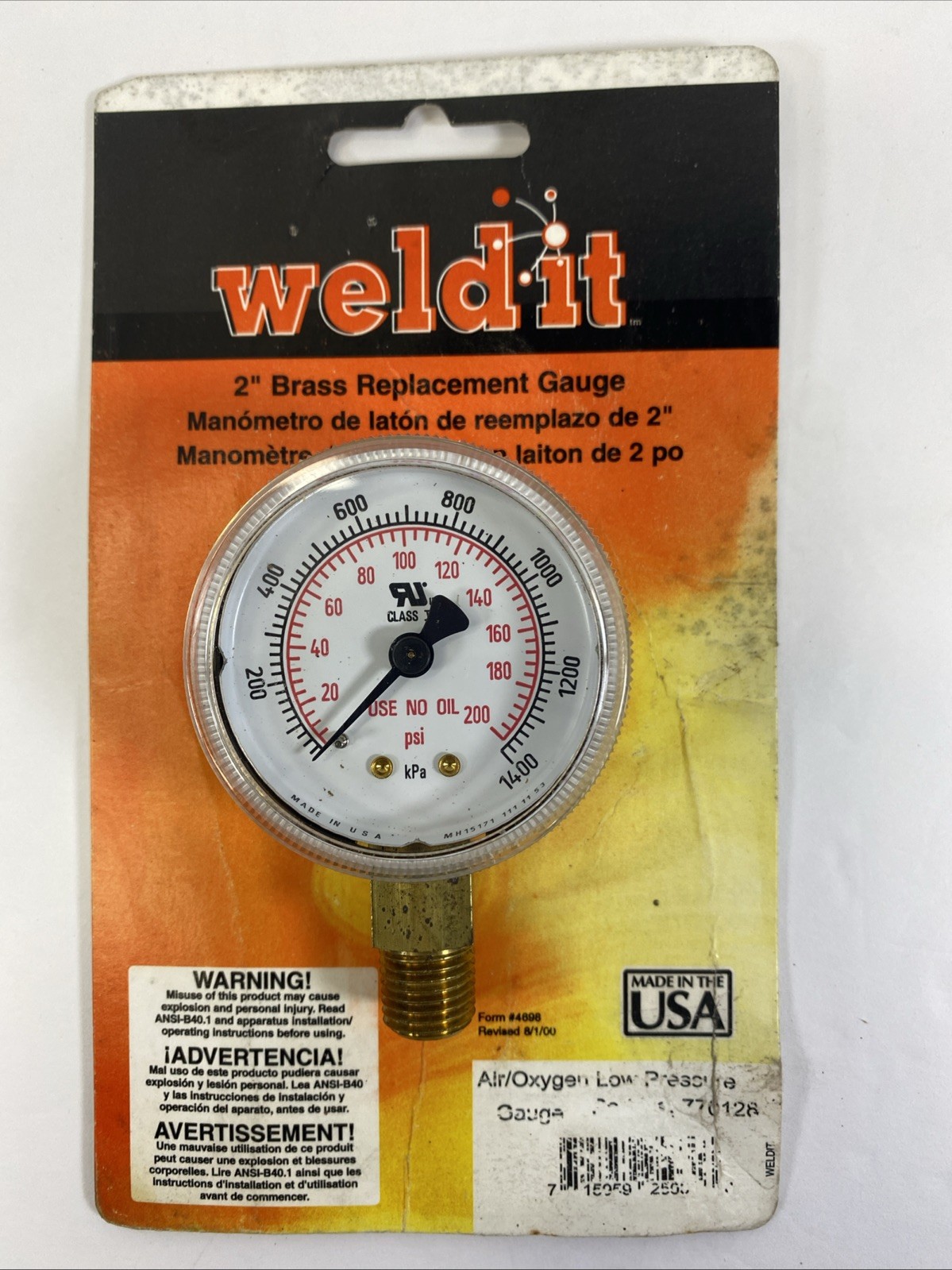 Weld It 2" Brass AIR/OXYGEN HIGH PRESSURE GAUGE 770128