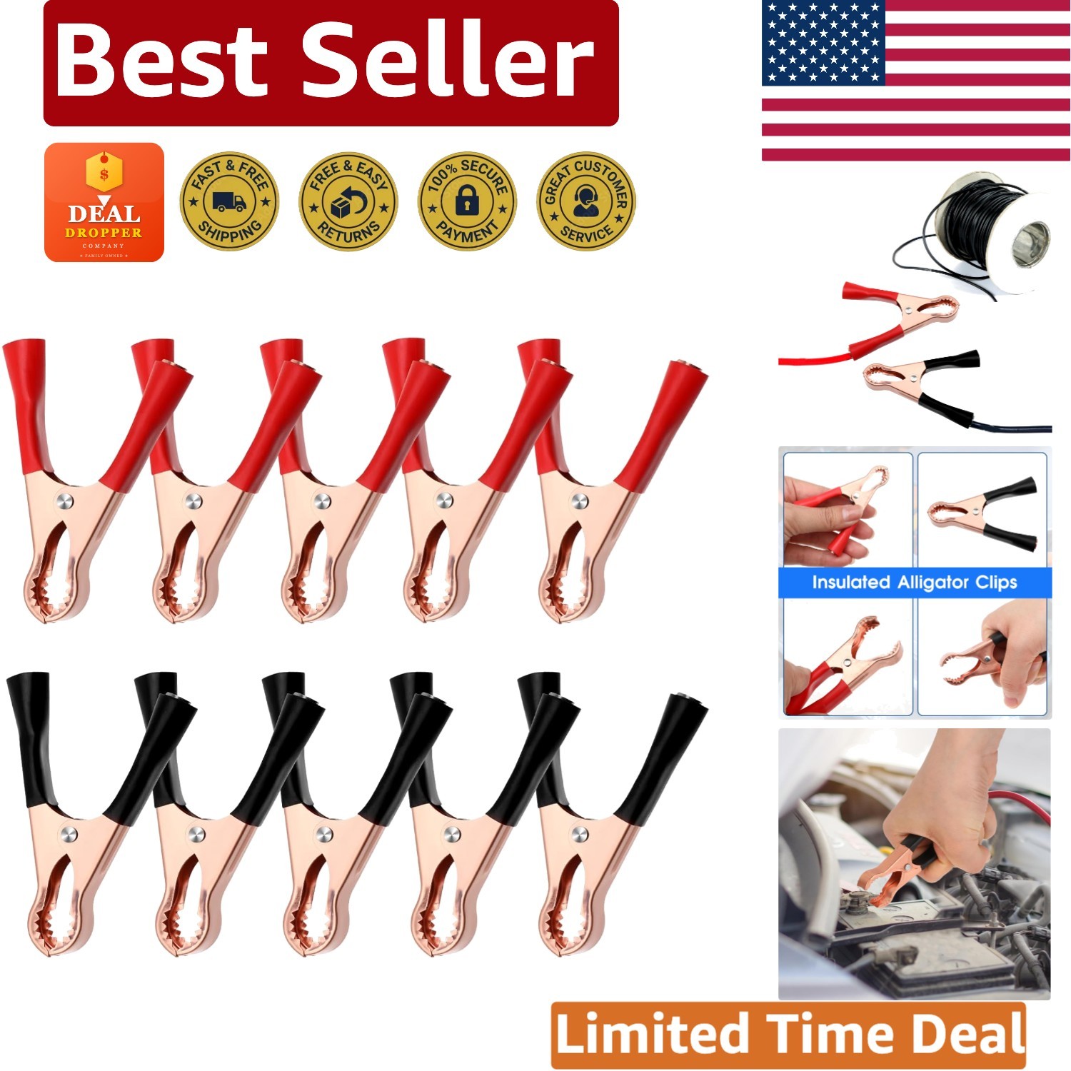 10 Pcs 50A Insulated Alligator Clips - Durable Red & Black Battery Clamps