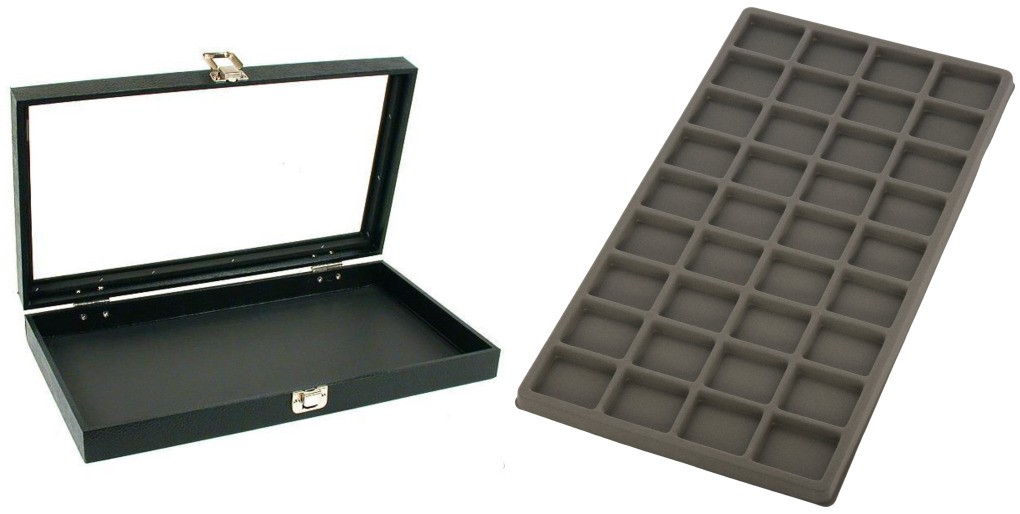 Glass Lid Jewelry Display Case 14 3/4" w/ Gray 36 Compartment Display Tray