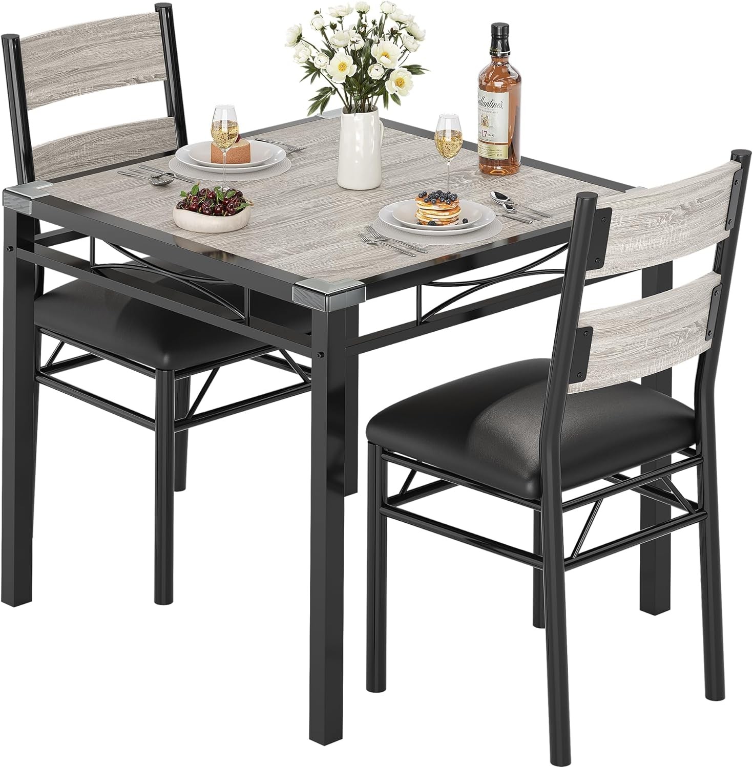 3 Piece Dining Table Set Upholstered 2 Chairs Seats Kitchen Dinette Home Decor