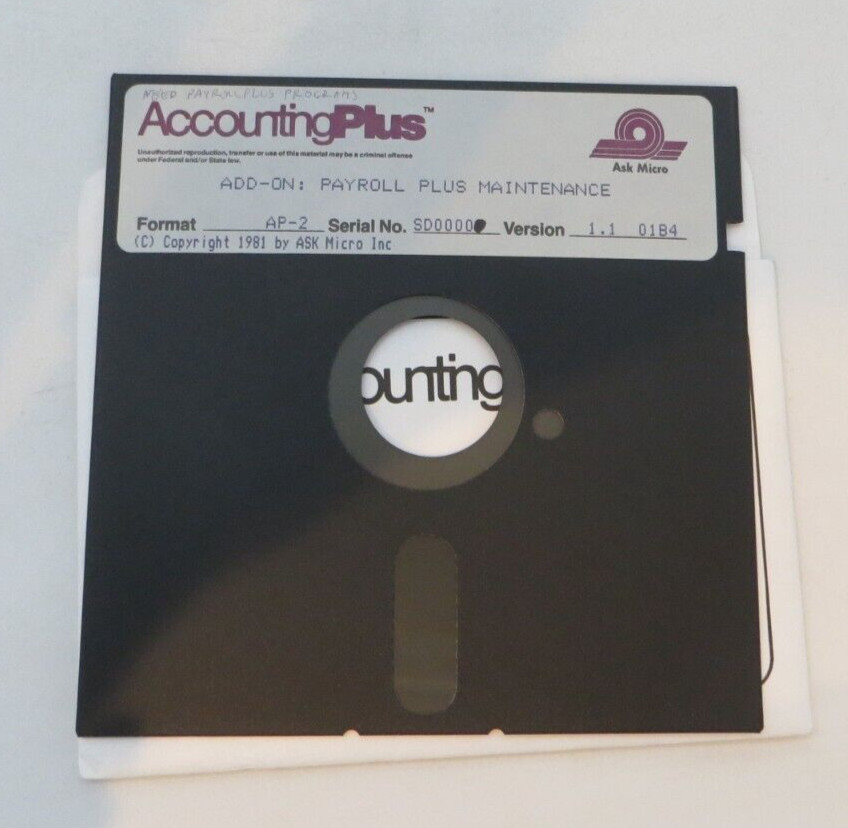 5.25" Floppy Disk Accounting Plus Add-On Payroll Plus Maintenance computer vtg