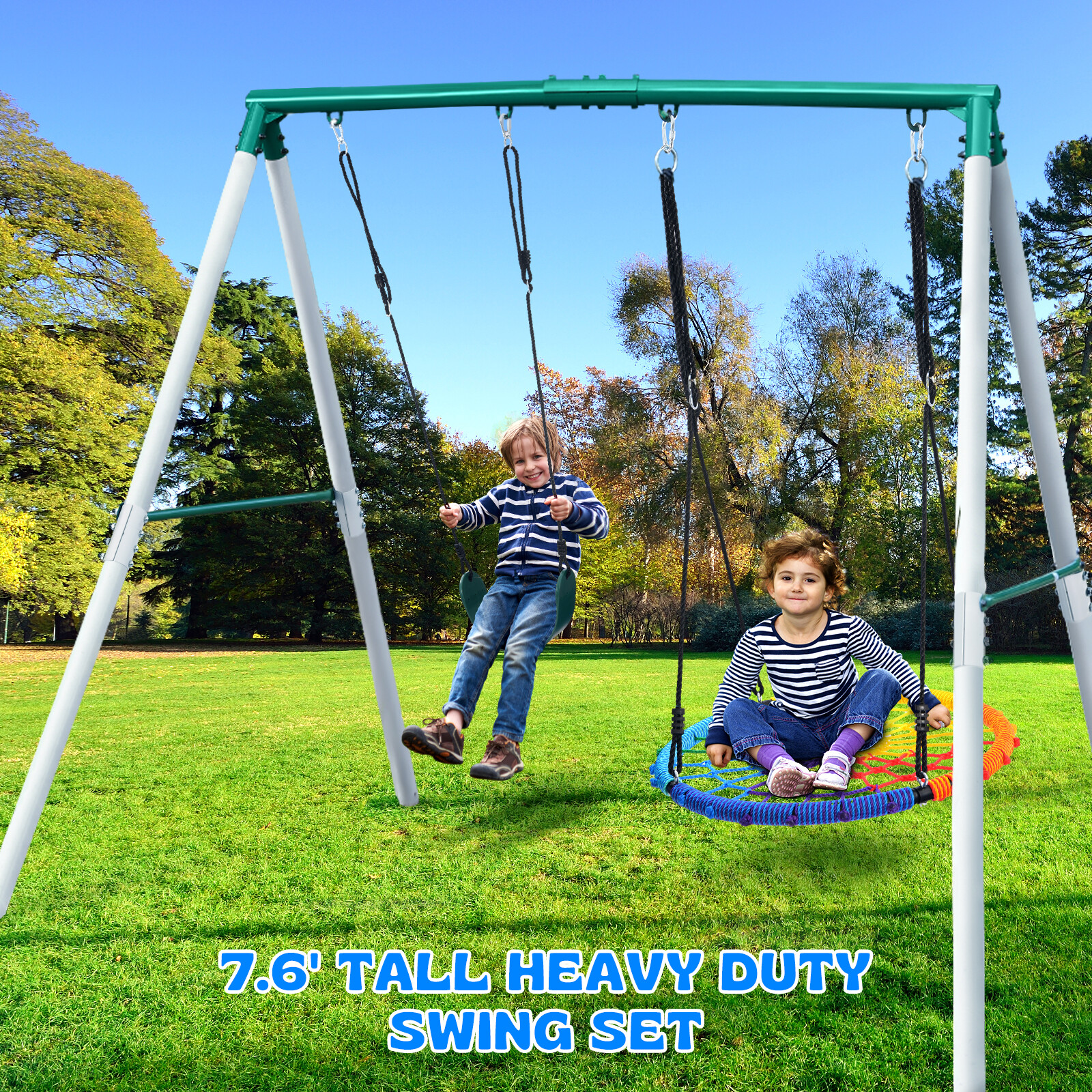 500lb Heavy Duty 7.5ft Tall Swing Set for Playground with 2 Swings Kids Swingset