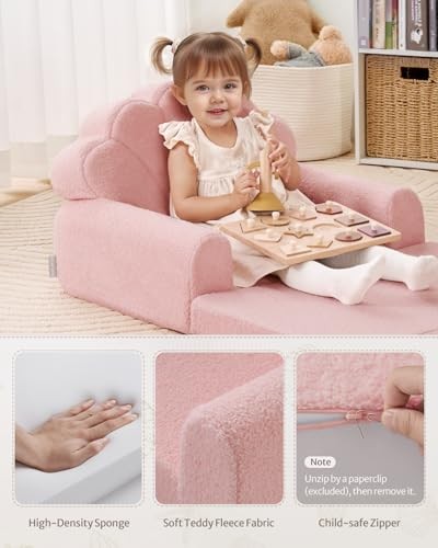 Kids Couch, 2-in-1 Soft Toddler Couch Fold Out, Toddler Chair Rosado Shell