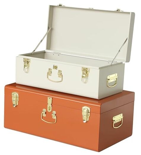 Decorative Large Metal Box Storage Trunk Chest Set of 2 Beige and Orange