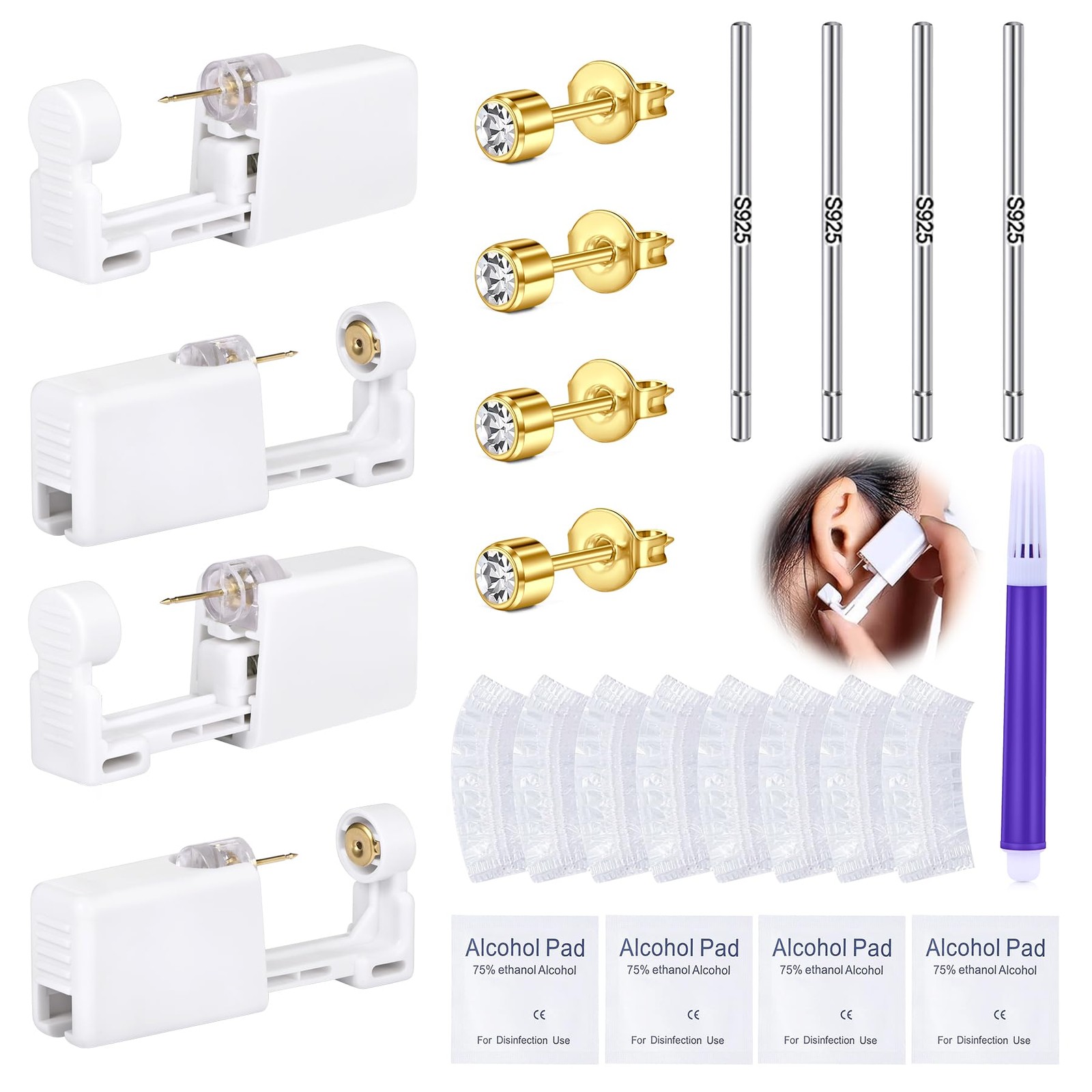 21PCS Gold Ear Piercing Kit,Disposable Ear Piercing Kit with 4 Pcs Self Pierc...
