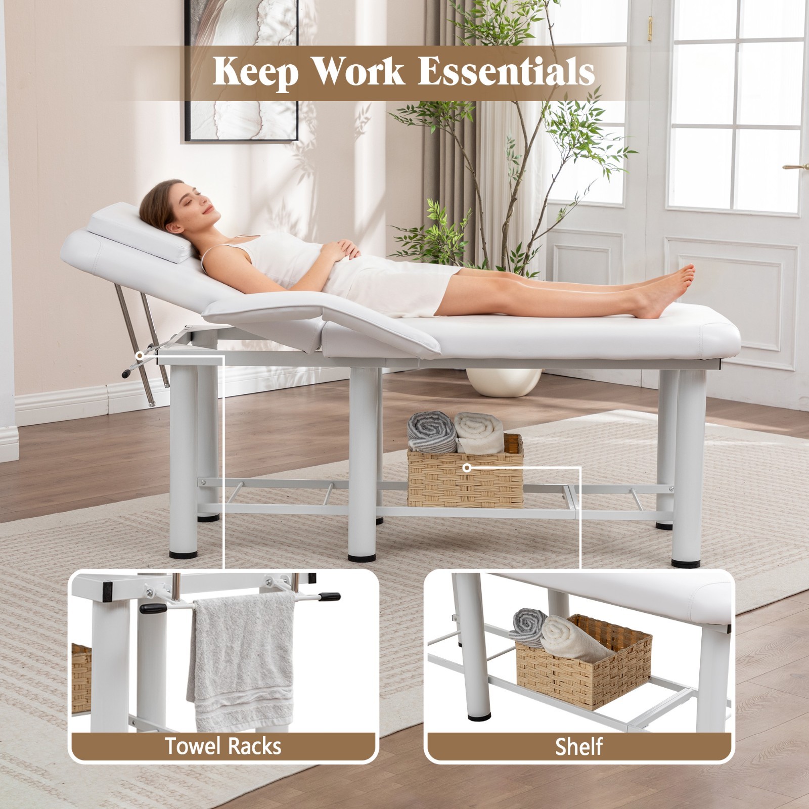 Professional Massage Bed Adjustable Height & Backrest Spa Facial Bed, White