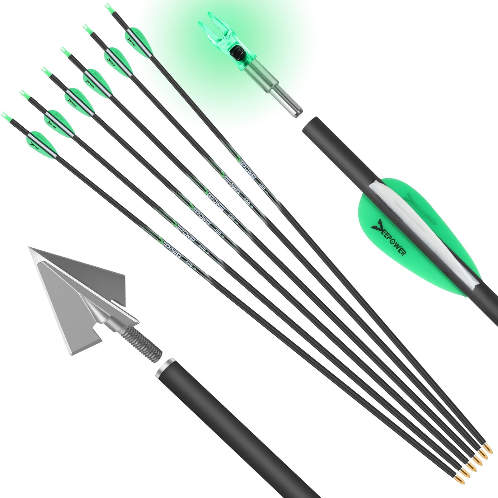DEEPOWER 31 inch 100% Carbon Arrows with Fixed Blade Broadhead and black