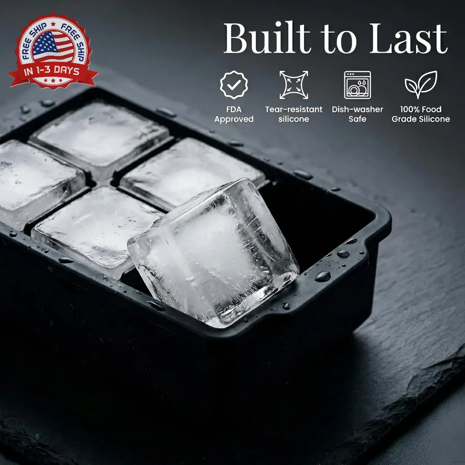 KitchFort Large Silicone Ice Cube Tray (2-Pack), Easy Release 2" Big Ice Cubes -