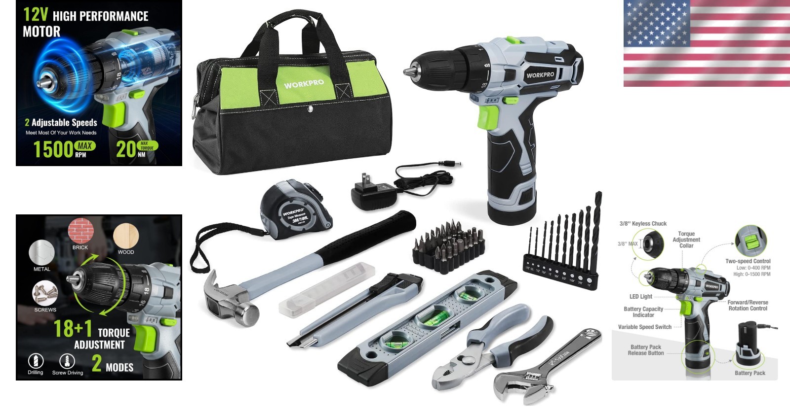 Complete Home Maintenance Tool Kit: 12V Cordless Drill & 61 Essential Tools