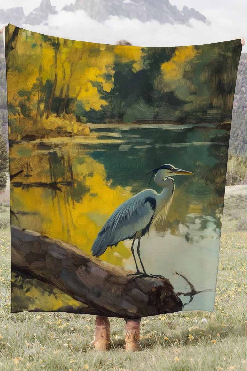 Heron On Log Coral Fleece Cozy Throw Blanket Rustic Elegant