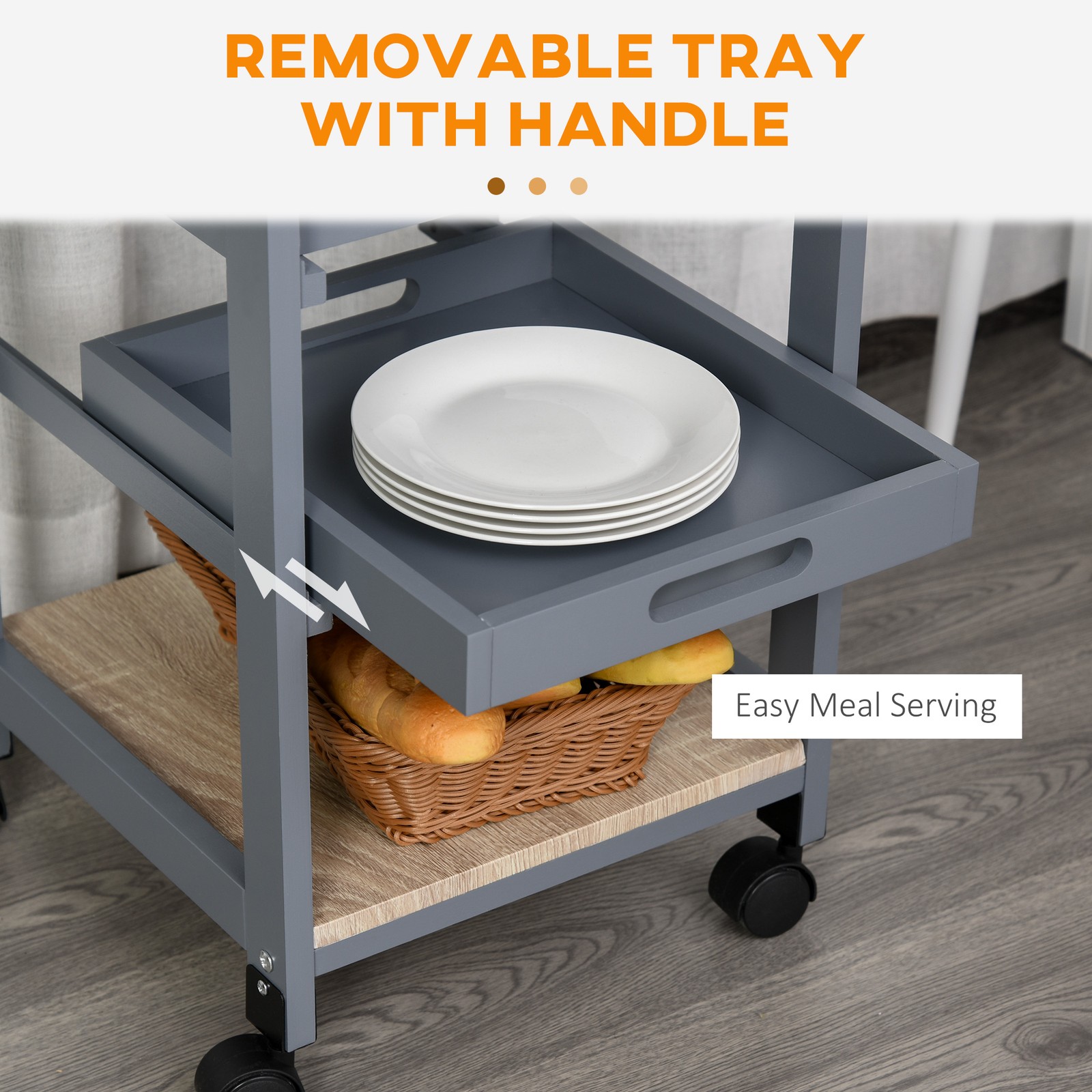 Rolling Kitchen Cart w/ Drawer, Basket, Trays & Solid Wood Frame, Gray