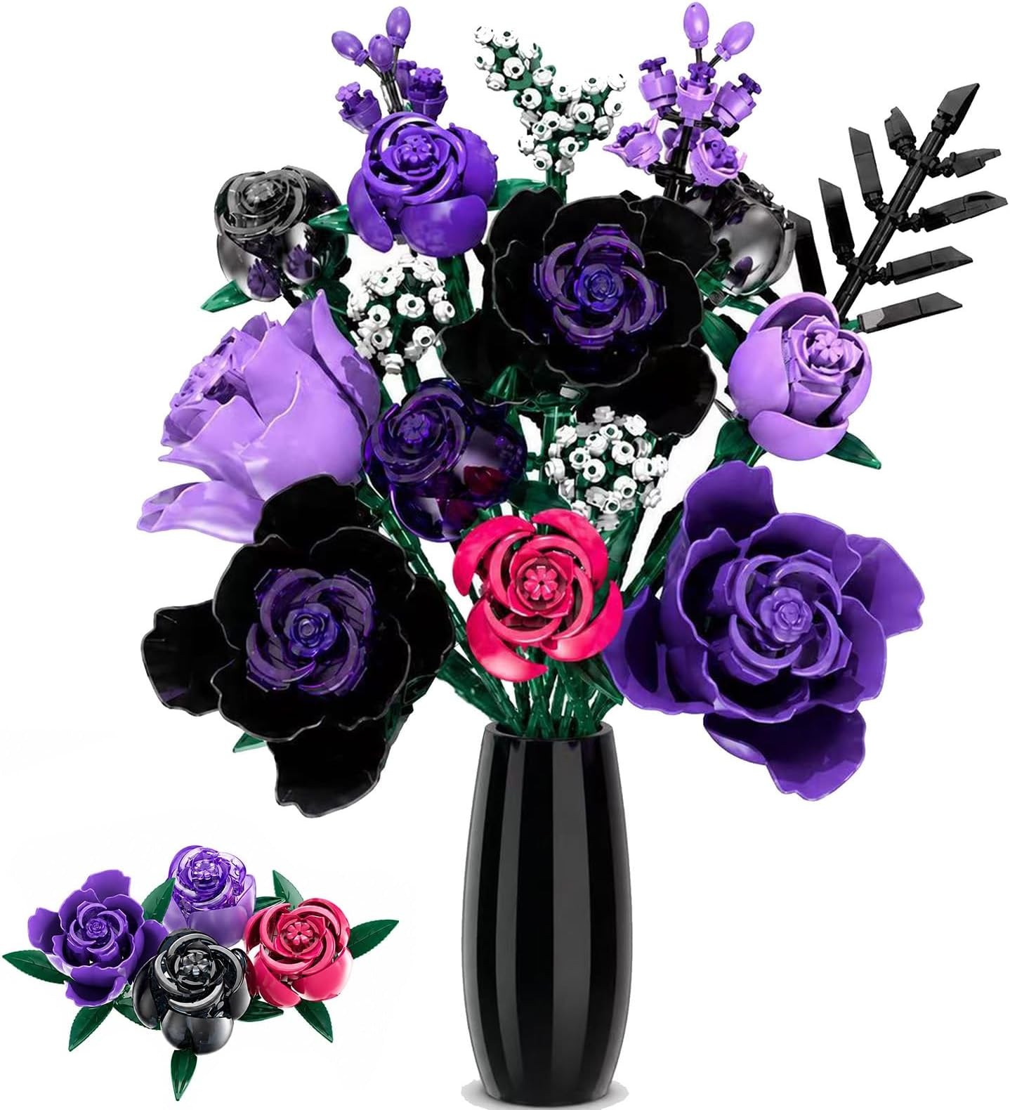 Flower Bouquet Building Sets Purple Rose Botanicals Gift for Women | Artifici...