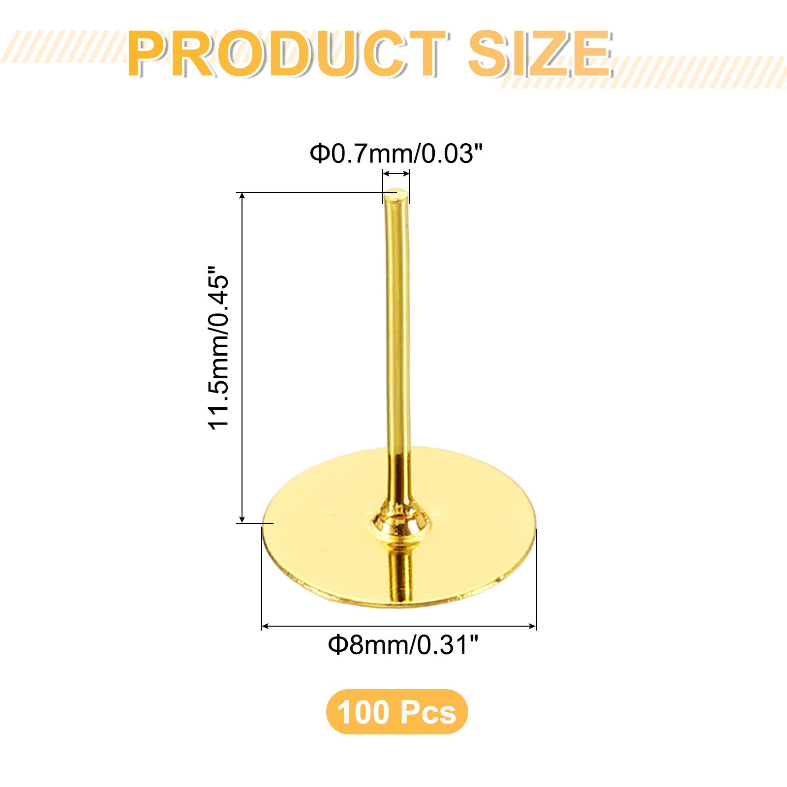 100Pcs Earring Posts and Backs, 8mm/0.31inch Earring Tray Studs, Gold
