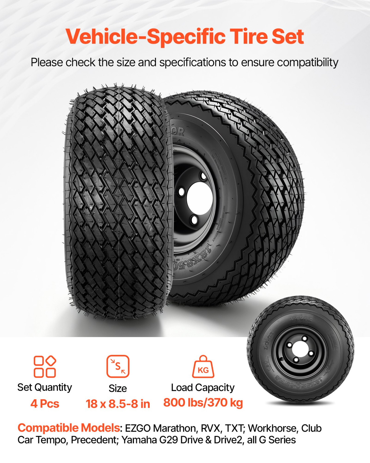 8" Golf Cart Wheels & Tires 18x8.50-8 4 Lug Steel Rims Set of 4 All Terrain