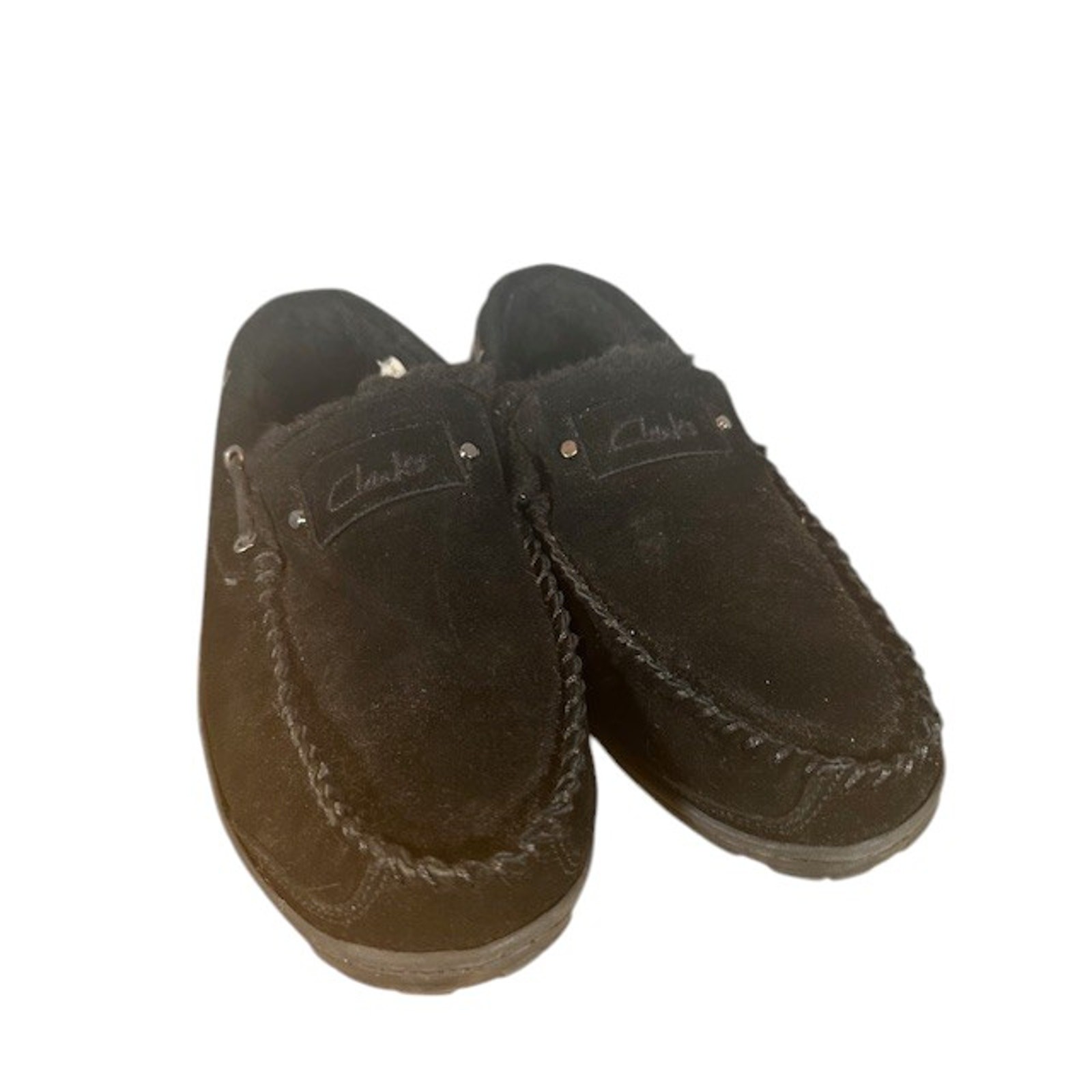 Clarks Black Faux Fur Lined Suede Flat Slip on Slippers Rubber Soles Men Sz 10