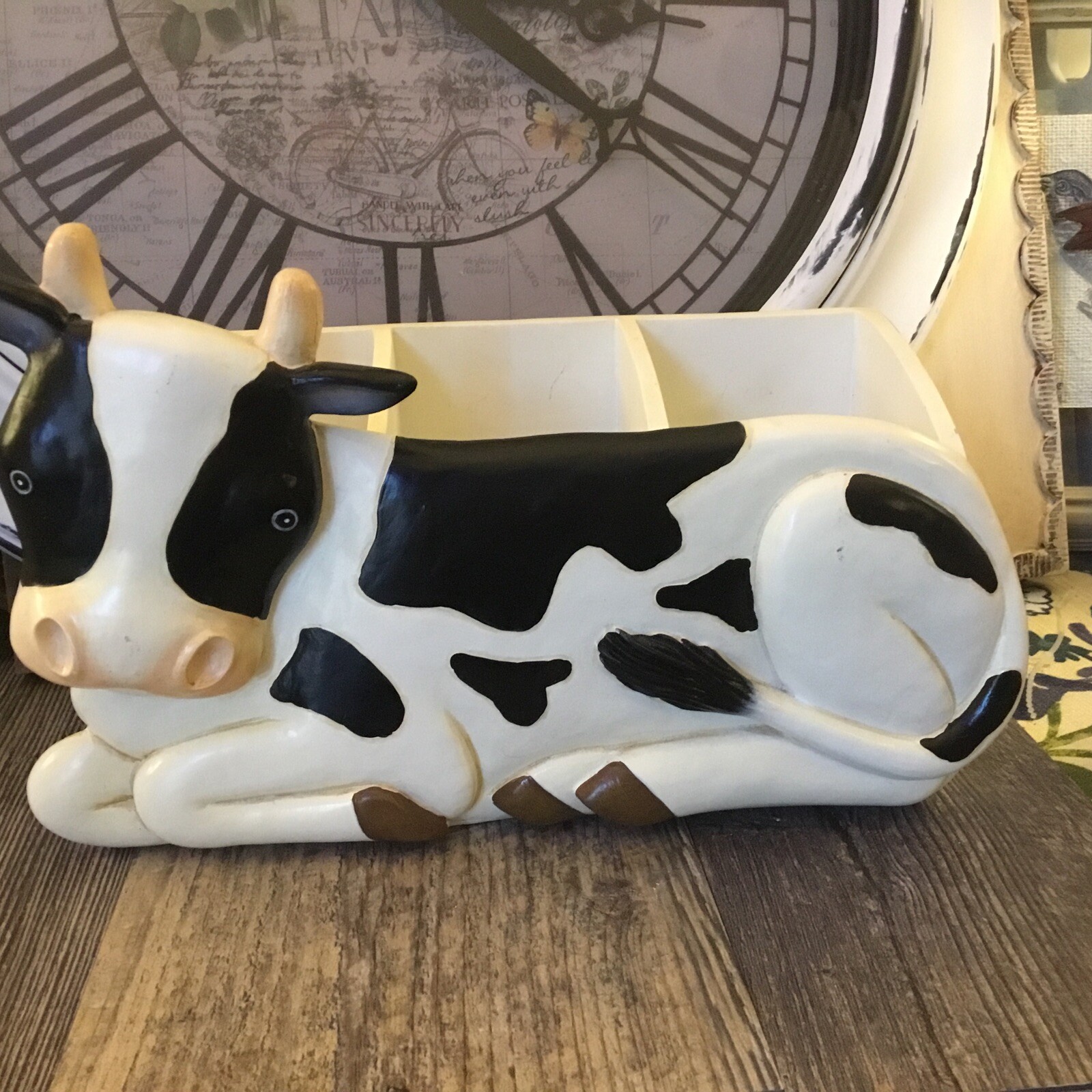 cow remote caddy / desk organizer Cow Farmhouse Cute Black White 3 Compartments
