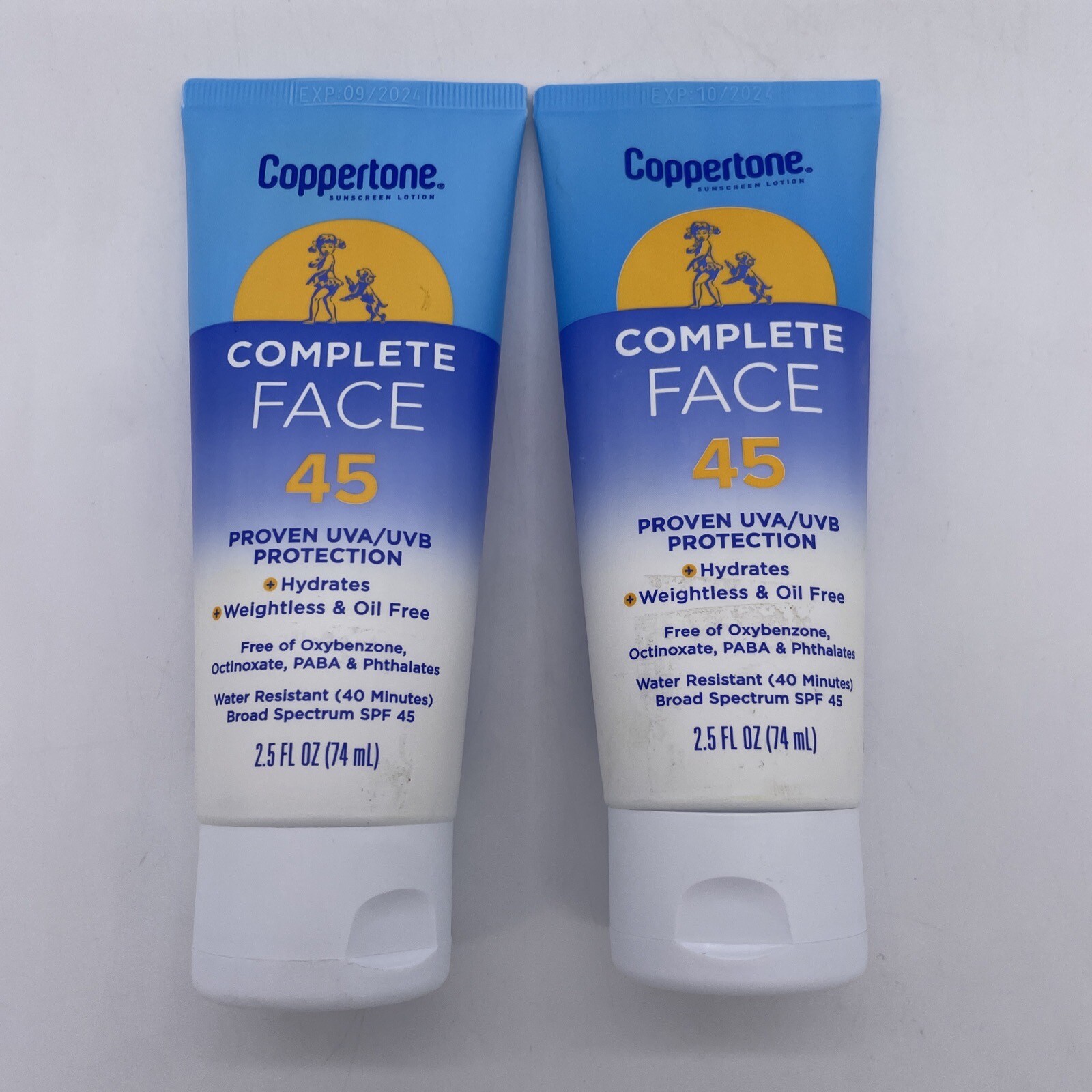 2x Coppertone Complete SPF 45 Face Sunscreen Water Resistant 2.5 fl oz EXP 7/24