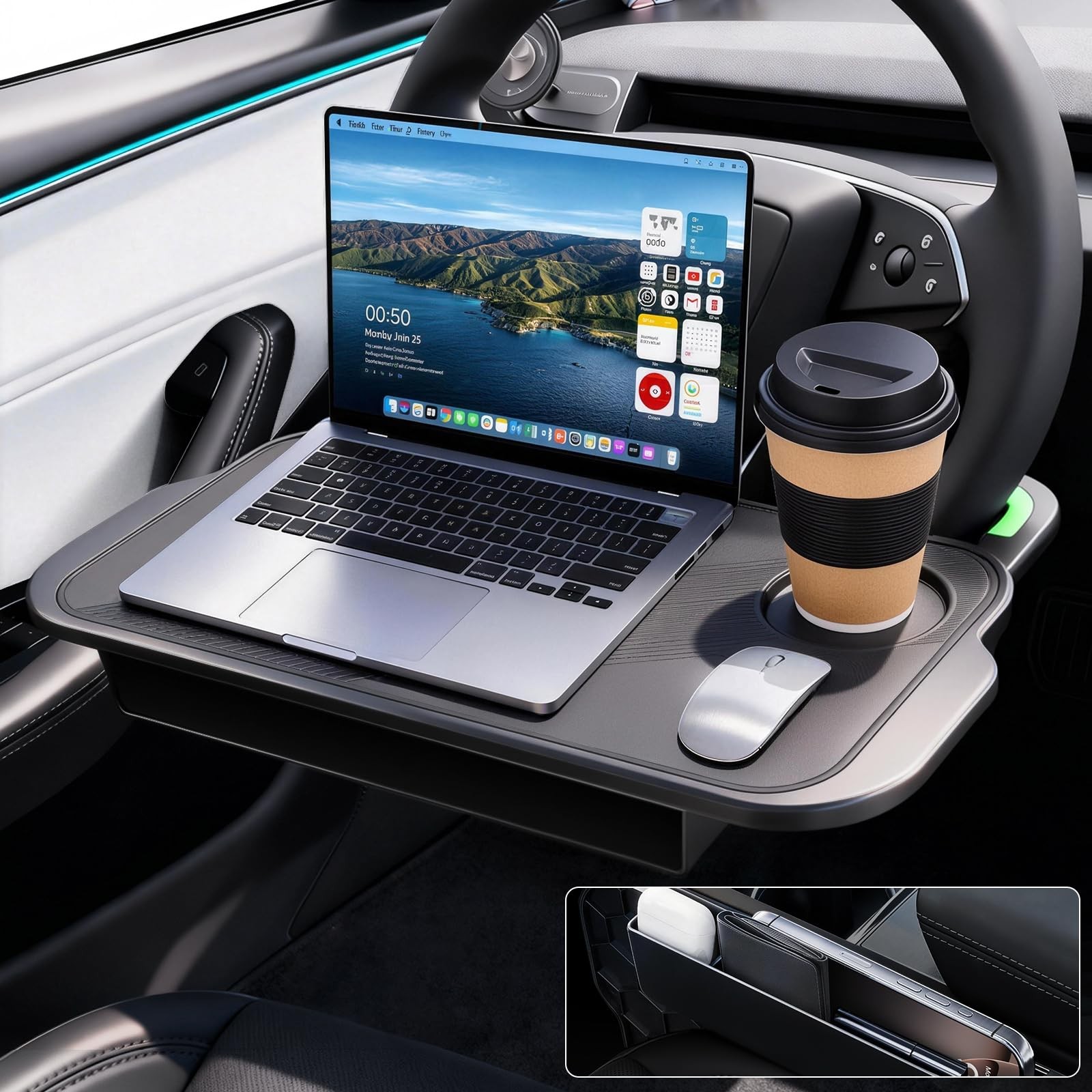 2-in-1 Car Steering Wheel Desk Tray & Car Seat Gap Filler Organizer – Silicon...