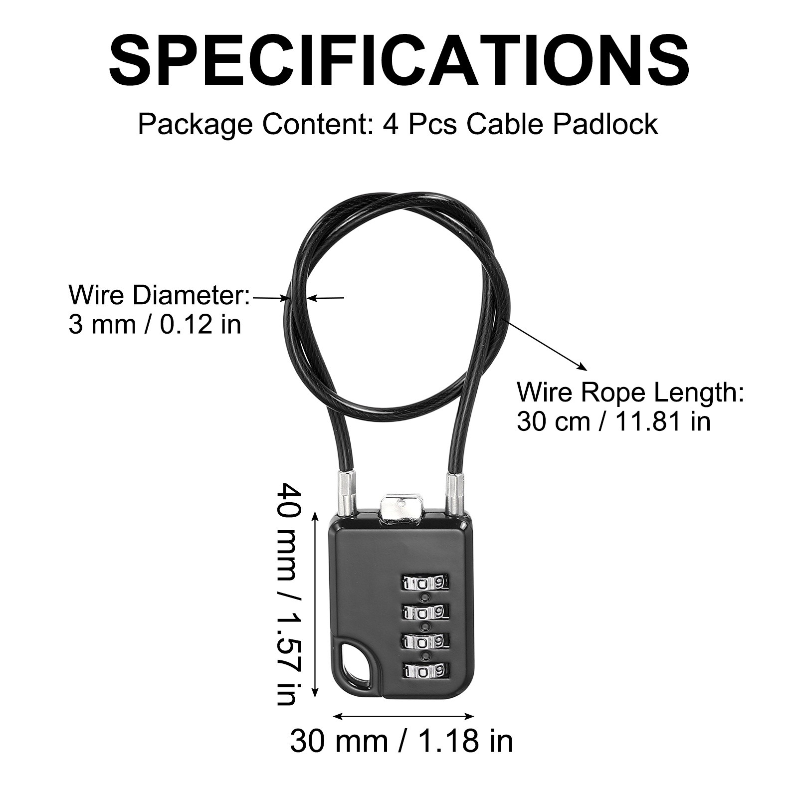 4Pcs Combination Cable Padlock with 11.8" (30cm) Flexible Cable, Black