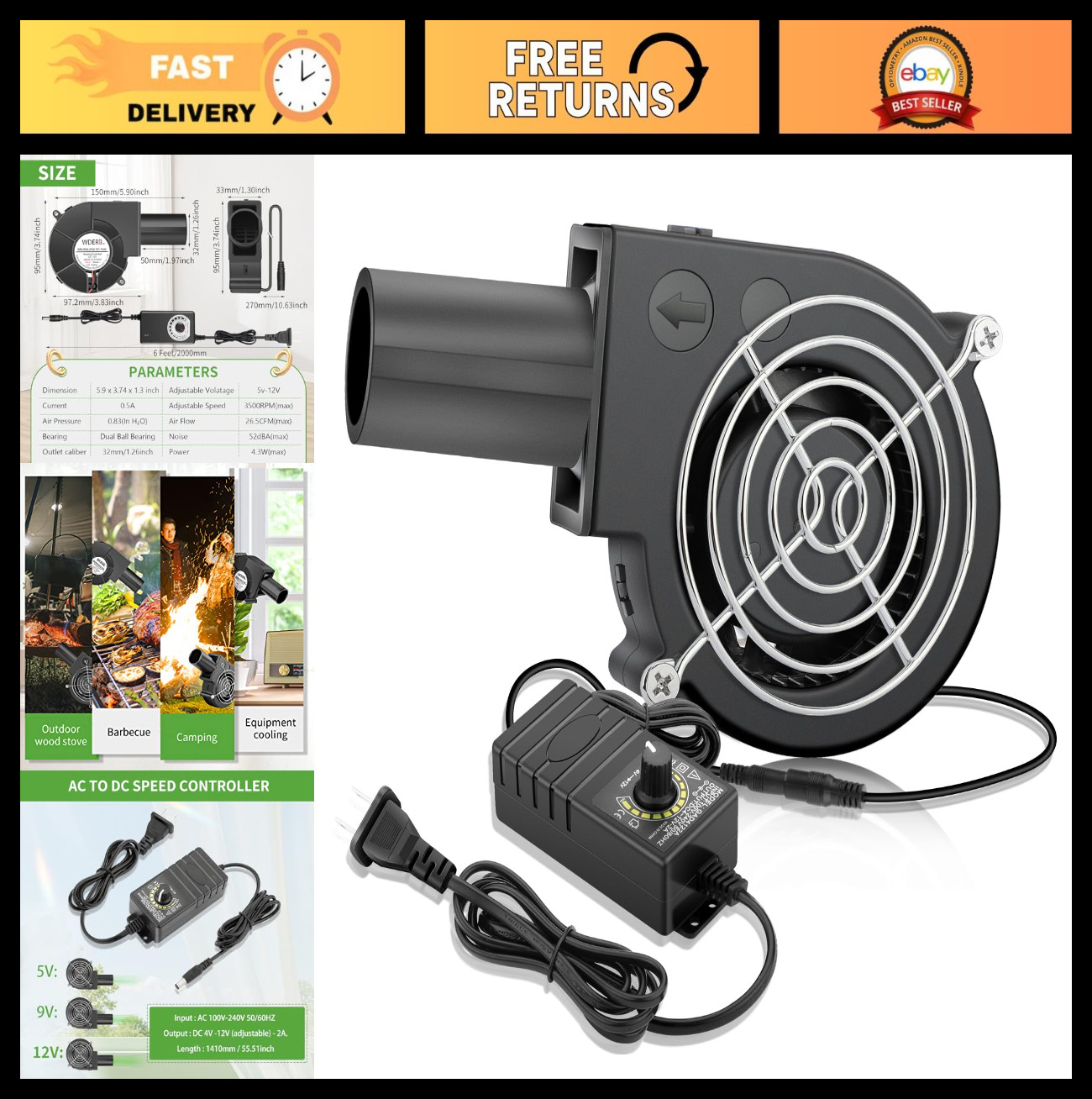 97mm BBQ Blower Fan 12V/120V-240V AC, Variable Speed for Outdoor Grilling & Camp