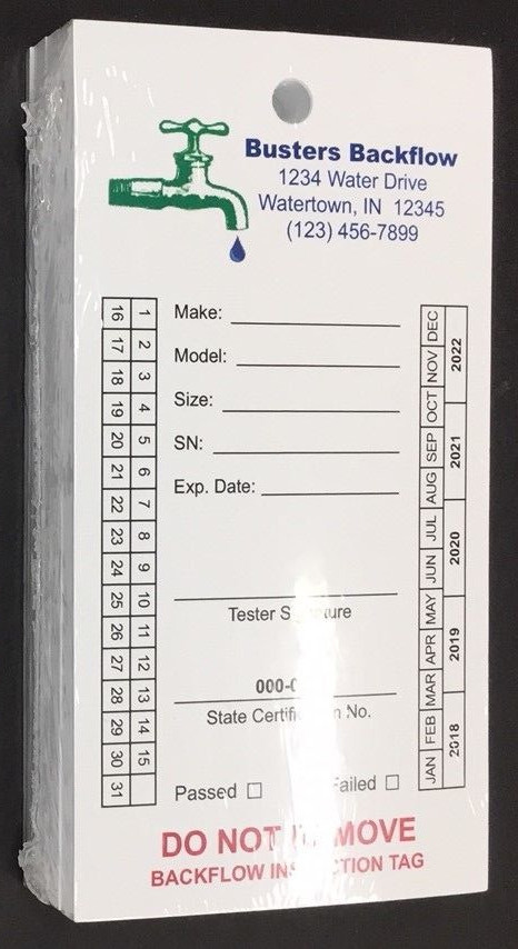 Backflow Inspection Tags - Custom Print - Waterproof - UV Resistant (Pkg of 100)