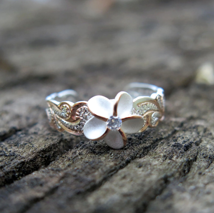 Sterling Silver Rose Gold Plated Plumeria Flower Hawaiian Scroll Toe Ring