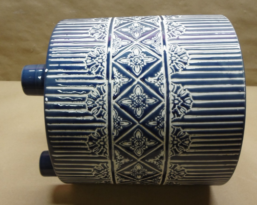 Storied Home Debossed Stoneware Footed Planter with Pattern, Blue and White