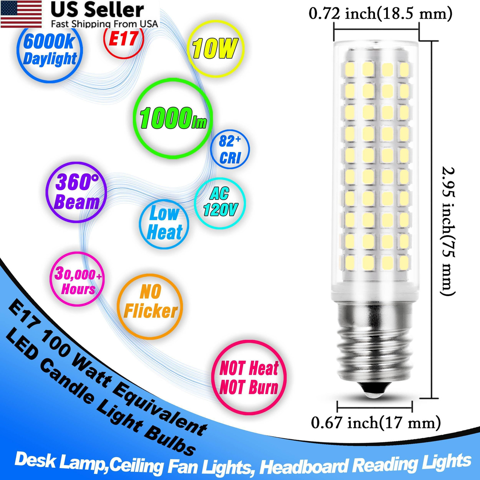 Heifymi E17 LED Light Bulb 10 Watt Equivalent 100W E17, 6000k Daylight White