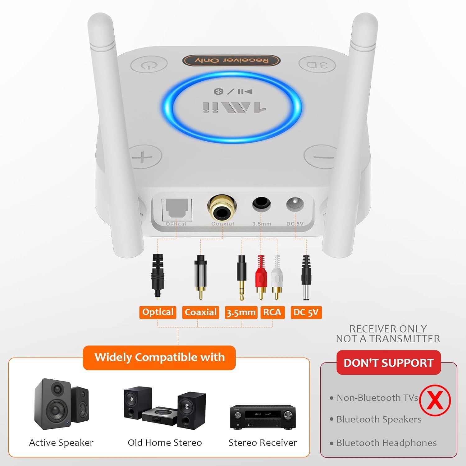 1Mii 5.3 Audio Receiver, Long Range HiFi Bluetooth Adapter w/ 3D Surround