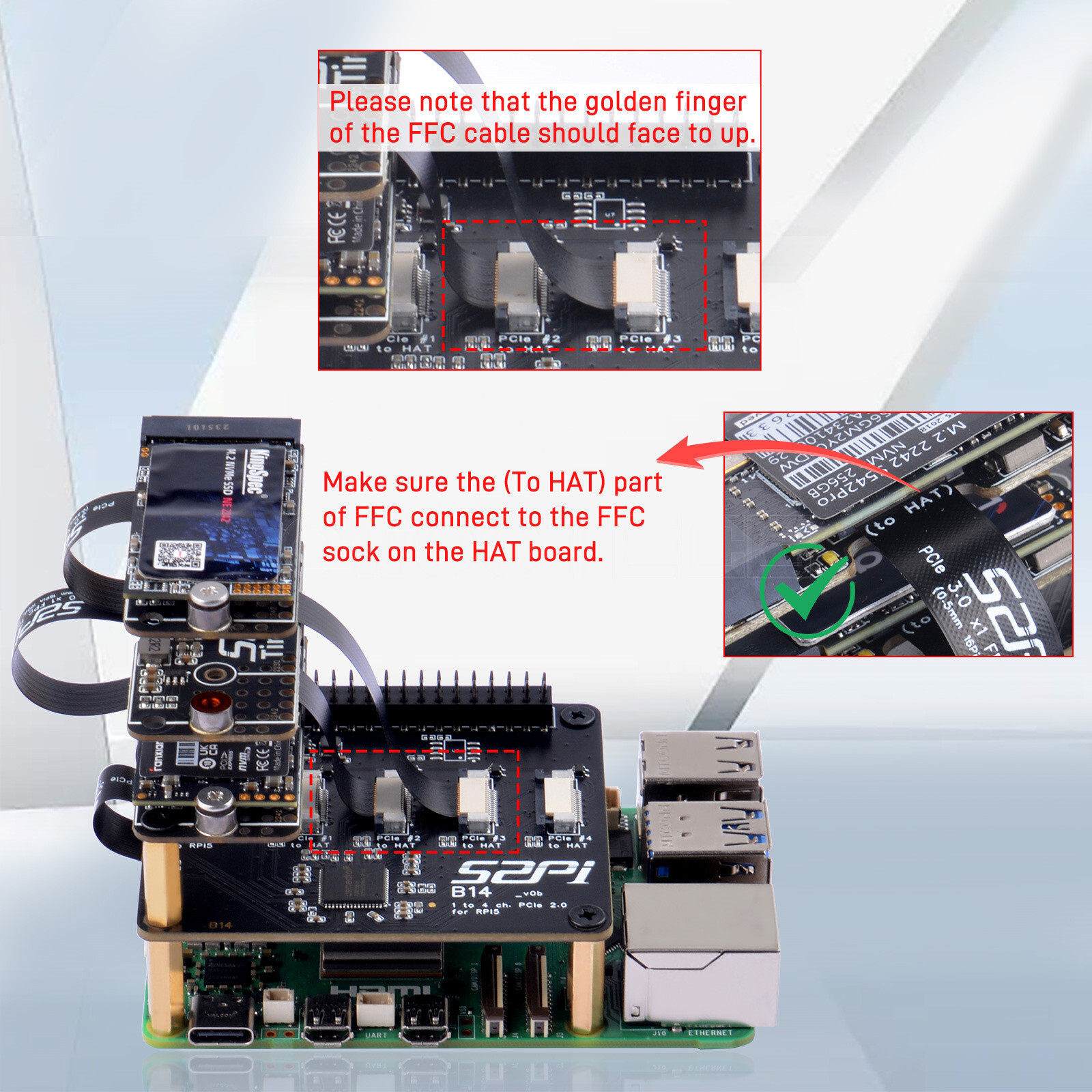 B14 Quad FPC PCIe HAT for Raspberry Pi 5 Daisy-Chaining Capability