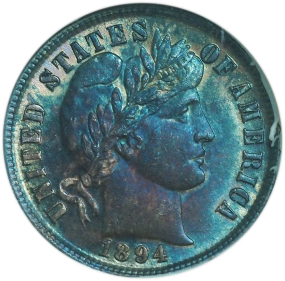 1894 Barber Dime MS62 ANACS Soapbox Incredible Rainbow Toning