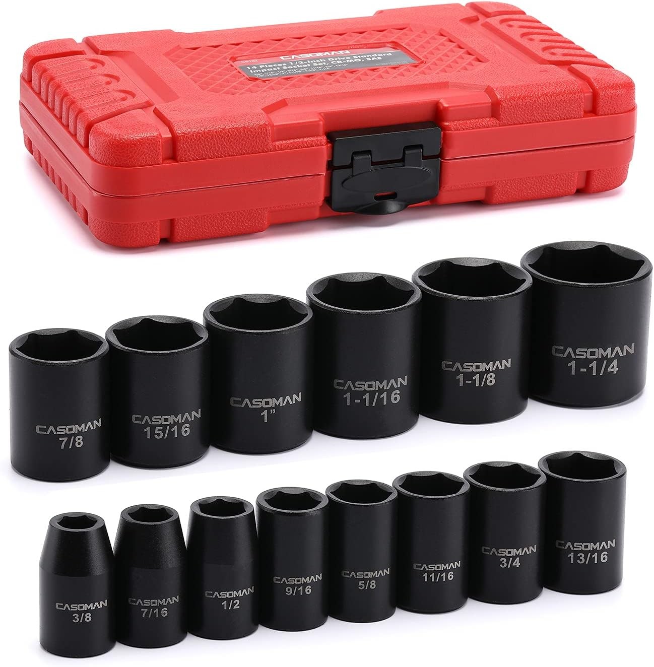 14pcs 1/2in Drive Shallow Impact Socket Set 6 Point SAE 3/8in to 1-1/4in