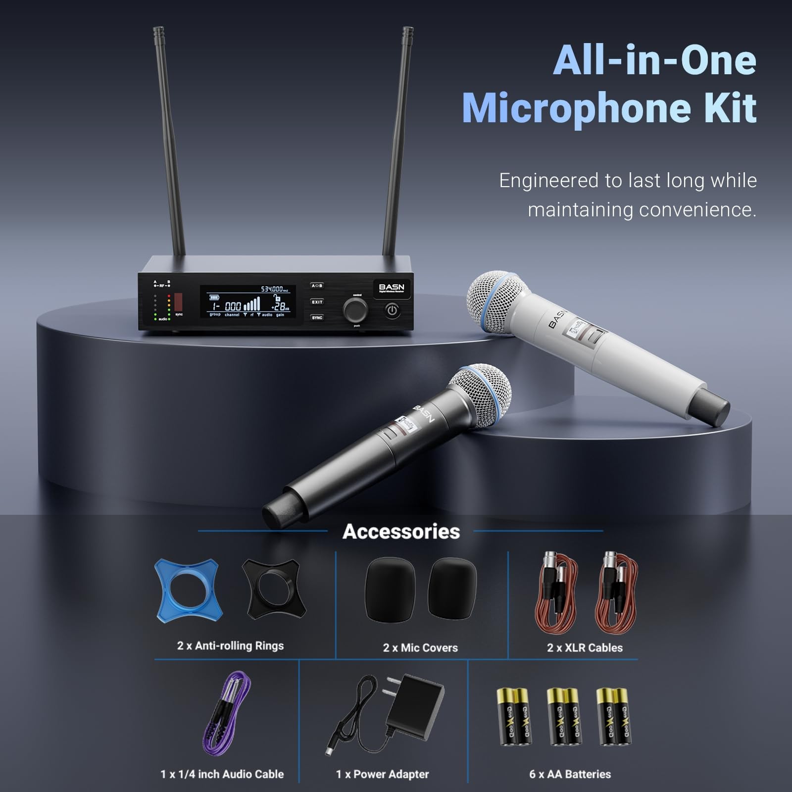 BASN Wireless Two Microphone System with UHF Dual-Channel Black & White
