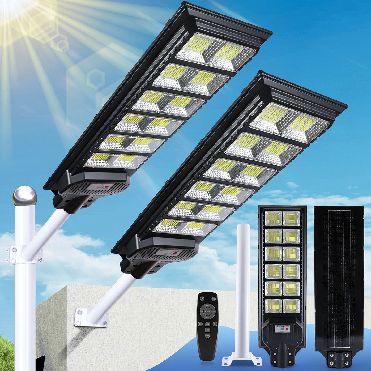 6500W Commercial Solar Street Light Dusk-to-Dawn 1200 LED Super Bright Lamp+Pole