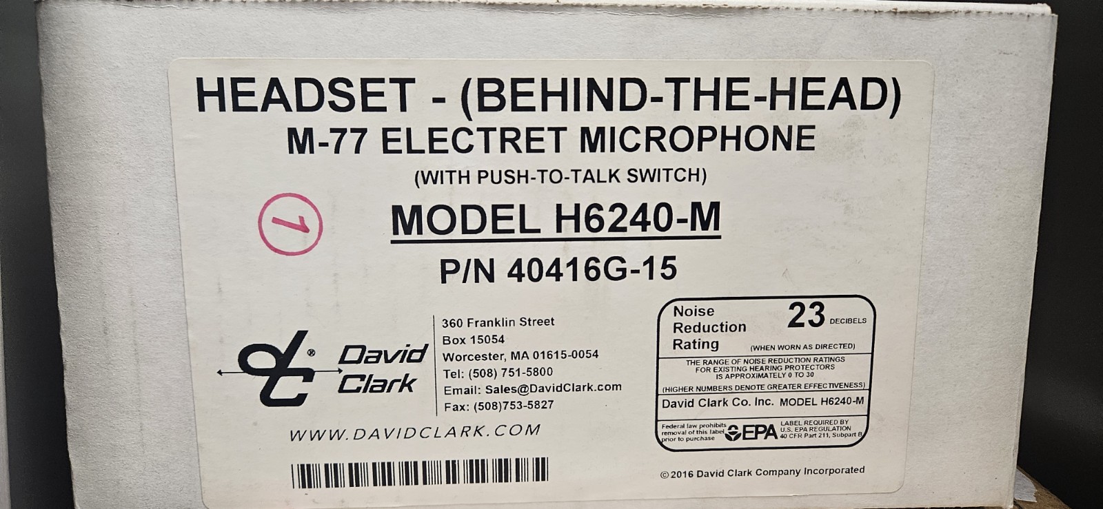 David Clark Aviation Behind  The Head, Headset Model H6240-M W/M-77 Electret Mic