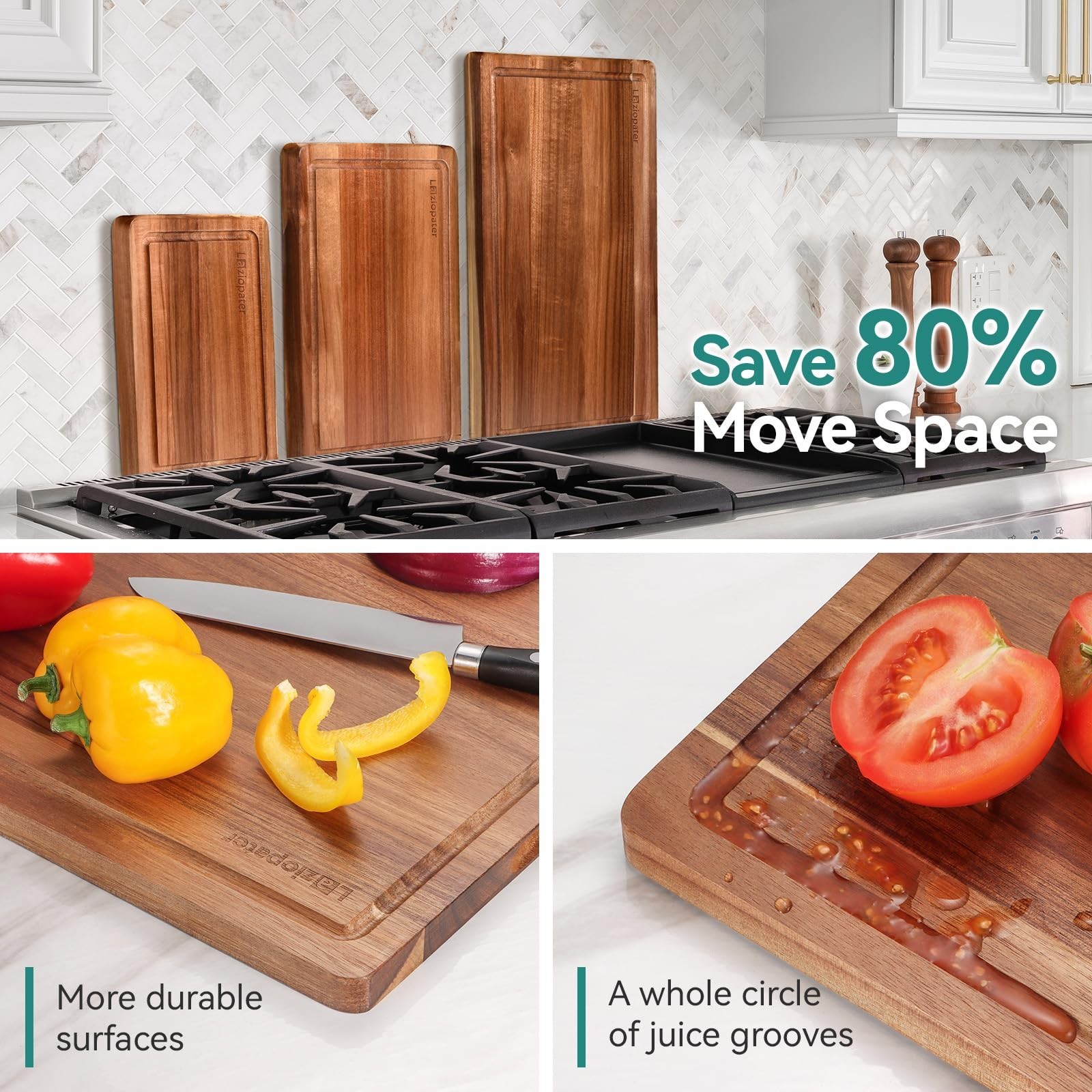 Wood Cutting Board Set, 3-Piece Rectangular Boards for Kitchen, 18x12x0.75 In...