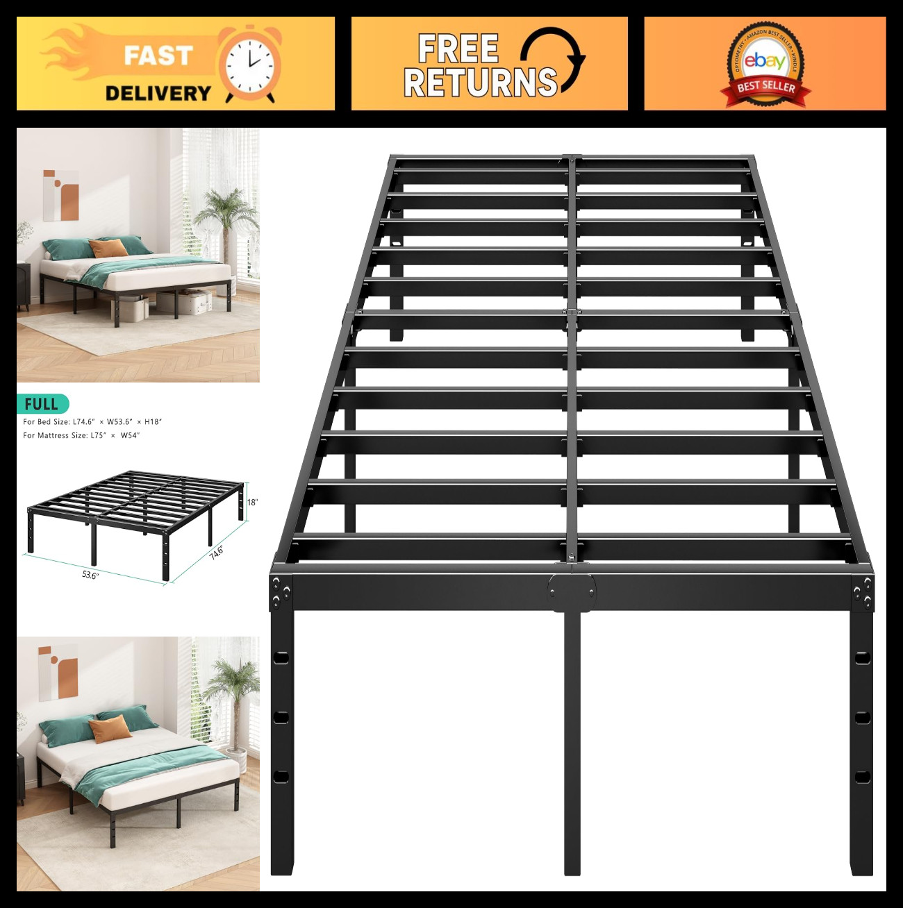 Full Size Metal Platform Bed Frame, 14" Tall, No Box Spring, Heavy Duty Slats, E