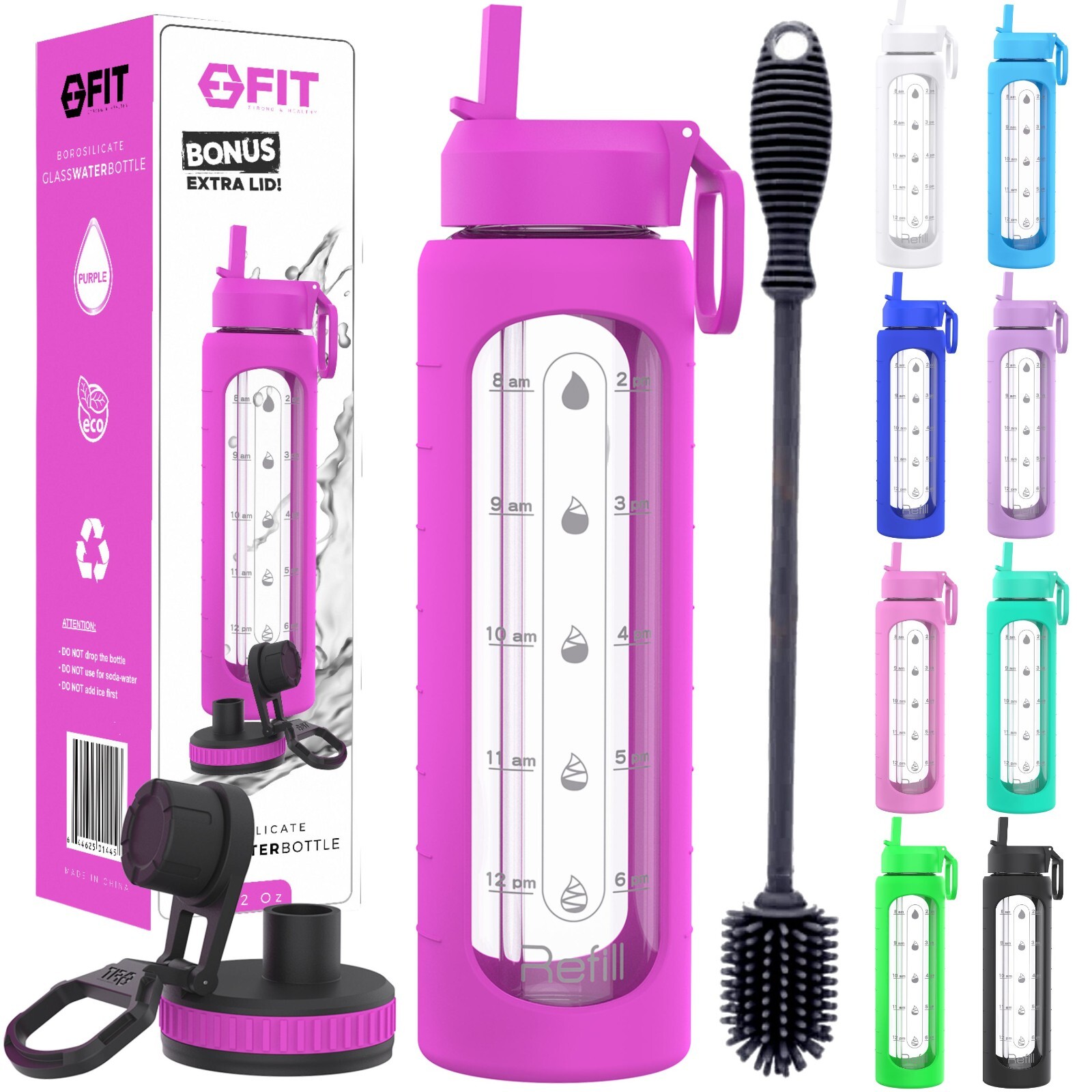 32 oz Glass Water Bottle with Time Marker Reminder (Purple Sleeve, with Brush)