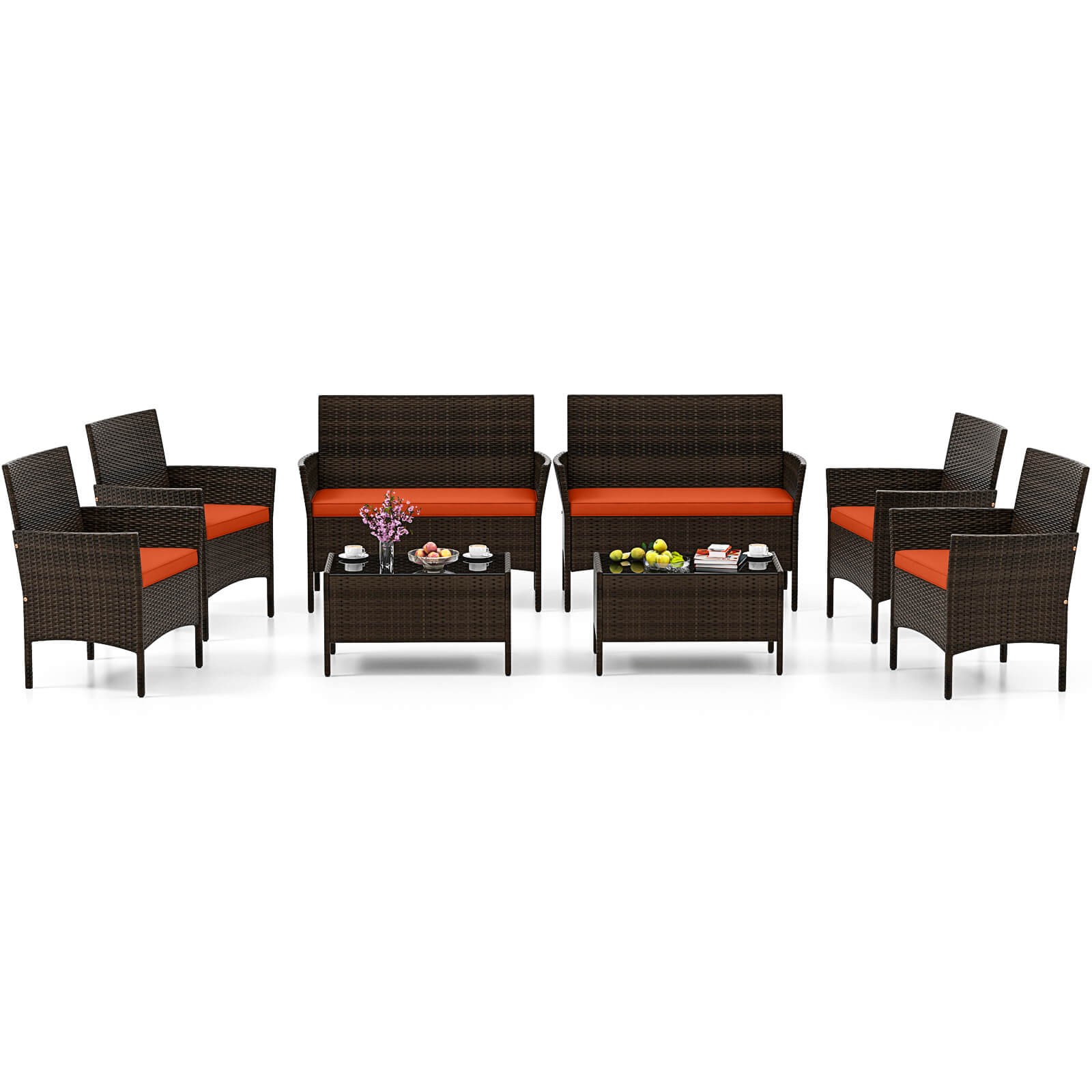 8 PCS Patio Furniture Set w/Washable Cushions and Tempered Glass Coffee Table