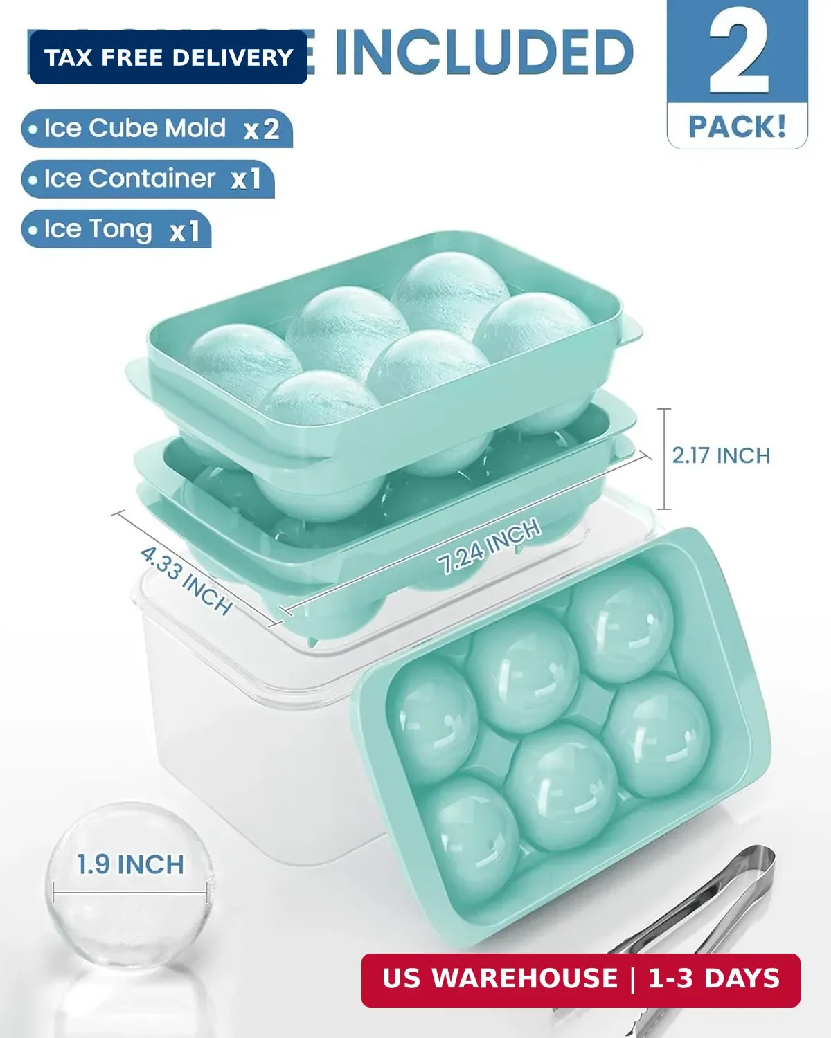 Large Ice Cube Tray for Freezer - 2 Pack Stackable Round Ice Cube Molds Set, Eas