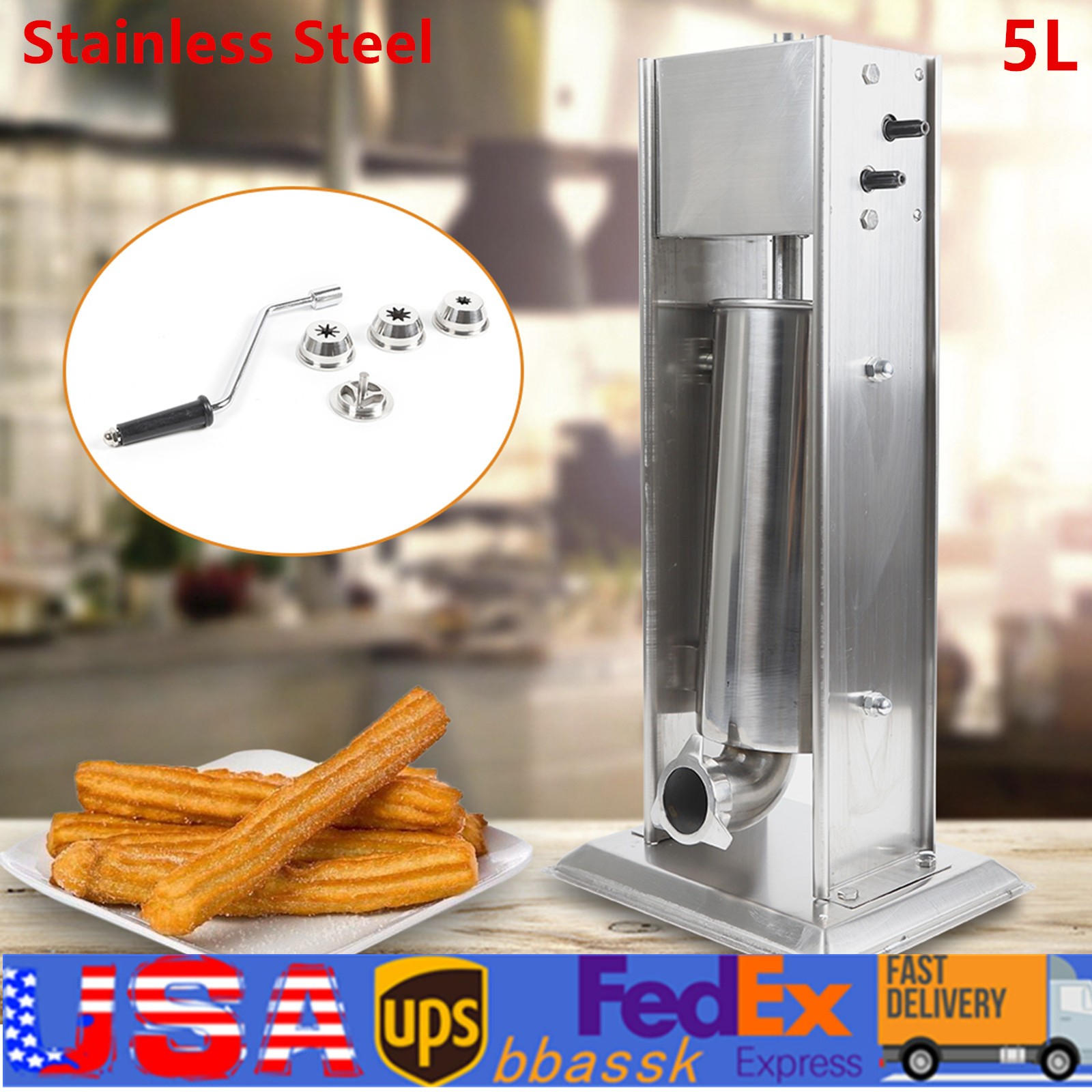 Heavy Duty 5L Commercial Manual Churro Maker Machine Restaurant+6 Nozzles USA
